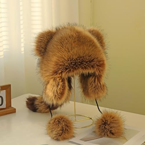 Chic New Raccoon Ear Protective Caps with Tail，Soft and Cozy Faux Raccoon Fur Hat—Plush Parent-Child Hat for Winter2