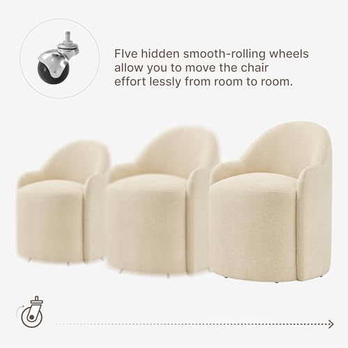 Image of KISLOT Upholstered Dining Chairs with Casters, No Assembly Modern Dining Room Chairs Accent Vanity Chair with 5 Wheels & Round Backrest for Bedroom, Living Room, Dressing, Sand Fabric, Set of 2