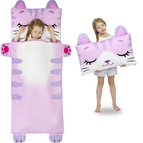 Wizland Kids Sleeping Bag Grils Daycare Mat Flannel Kitty Nap Preschool Rest Mats-Kindergarten, Fluffy Warm Portable Pink Nap Thick Nap Roll for Toddlers-61.8