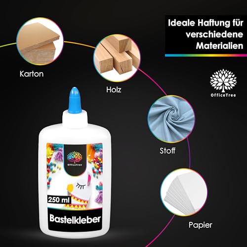 OfficeTree 250 ml Flüssigkleber Bastelkleber Lösungsmittelfrei - Bastelleim Kleber für Kinder geeignet - Transparent Trocknend für Große und Kleine Projekte