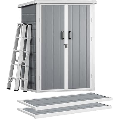 DWVO 5X3FT Outdoor Vertical Storage Shed with 2 Shelves, 60 Cu Ft Waterproof Resin Garden Shed with Floor & Lockable Door, Plastic Tall Tool Cabinet for Garbage Can, Lawn Garden Supplies, Gray