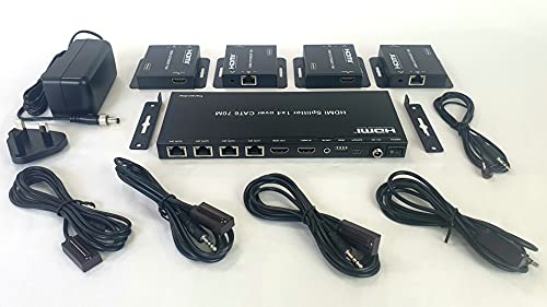 FOURKAY 1 x 4 1080p 70 m HDMI-Splitter über Cat5e/6/7 Extender mit 4 PoC-Empfängern, HDMI Loop Out und Infrarot Steuerung der TV-Quelle von jedem Remote-Display Cover