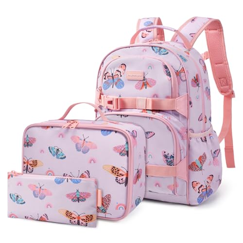 mommore Kids Backpack for Girls 4-8 with Lunch Box Elementary Kindergarten Preschool School Backpack 15 Fit Folders Bottles Pink Butterfly
