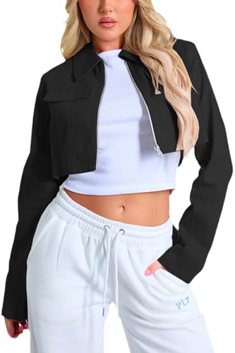 Women's Cropped Jacket Casual Zip Up Long Sleeve Lapel Crop Tops Jackets Coat