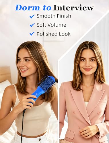 Image of Mini Travel Ceramic Blow Dryer Brush for Short to Medium Hair, 2 Inch Oval Styling Hot Air Brush with 3 Heat Settings, Lightweight Volumizing & Smoothing Tool, 120V, Blue