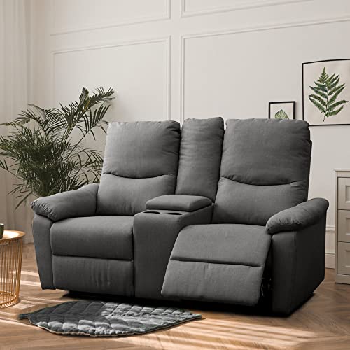 Erinnyees Linen Loveseat Recliner, Upholstered Sofa Recliner Chair, Modern Manual-Pull Double Reclining Sofa, Home Theater Seating with Storage Console Cup Holder for Living Room, Bedroom, Grey