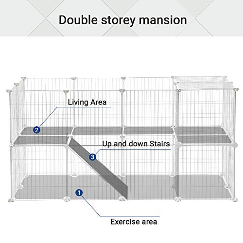 Songmics ULPI02W 36 Panels Pet Playpen, Small Animal Playpen, Rabbit Guinea Pig Cage, Zip Ties Included, Metal Wire Apartment-Style Two-Story Pet Premium Villa For Bunnies Puppies thumb #2