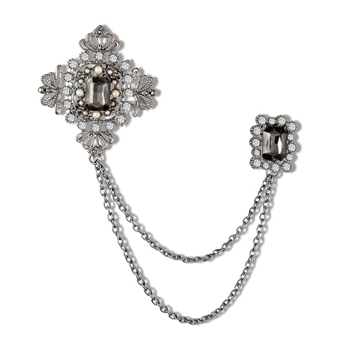 Image of Mahi Victorian Style Artificial Pearl & Crystal Sherwani Brooch Pin with Hanging Chain for Men (PABP1101193PR)