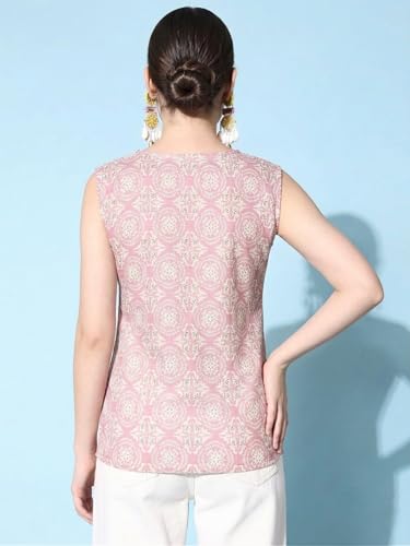 Image of Sleeveless Kurti for Women Pure Cotton Stylish Round Neck Printed Ethnic Short Kurti Jeans Top Casual Office