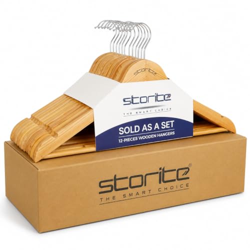 Image of Storite 12 Pack Premium Round Bar Natural Wooden Hangers