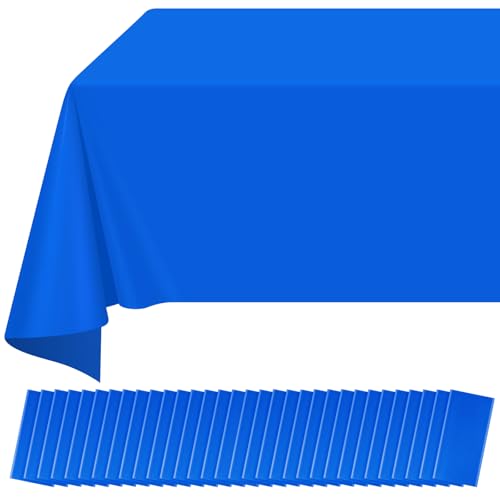 Image of 32 Pack Blue Plastic Tablecloth for Rectangle Tables, Premium Decorative Royal Blue Disposable Table Cloths for Parties, Rectangle Party Table Cover for Birthday, Wedding, Anniversary, 54 x 108 Inch