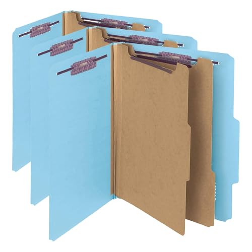 Smead Pressboard Classification File Folder with SafeSHIELD Fasteners, 2 Dividers, 2" Expansion, Letter Size, Blue, 10 per Box (14030) (Pack of 3)
