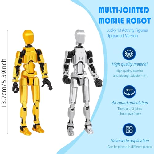 T13 3D Action Figure Set (Assembly Completed) 2 Pcs, 3D Printed Multi-Jointed, Titan 13 Action Figures, Multi-Articular Lucky Mobile Robot Nova,Desktop Decorations for Game Lovers Toys (Gold Sliver)