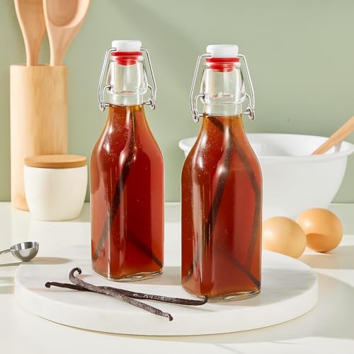 Image of Clear Glass Bottles with Airtight Swing Top Lids - Leakproof Reusable Glass Jars for Juices, Oil, Water, Kombucha, Milk, Vinegar, and Beverages (CLEAR, SQUARE PACK OF 4)