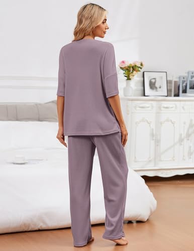 Image of JiniGolla Womens Pajama Sets Waffle Knit Short Sleeve Shirt with Long Pajama Pants Soft Sleepwear Pj Lounge Sets