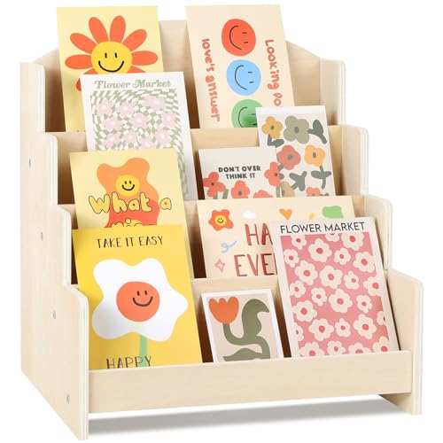 VOGGV Greeting Card Display Stand Holder - 4-Tier Wooden Organizer Rack for Postcards Stickers Bookmarks & Tabletop Book Display Sturdy Card Display Shelf for Retail or Home