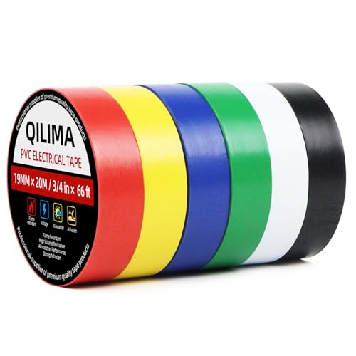 Image of QILIMA Electrical Tape 19 mm x 20 m Vinyl PVC Insulation Electrical Tape, Waterproof Electric Tape for Insulating, Repairing and Protecting Electrical Wires, 6 Rolls
