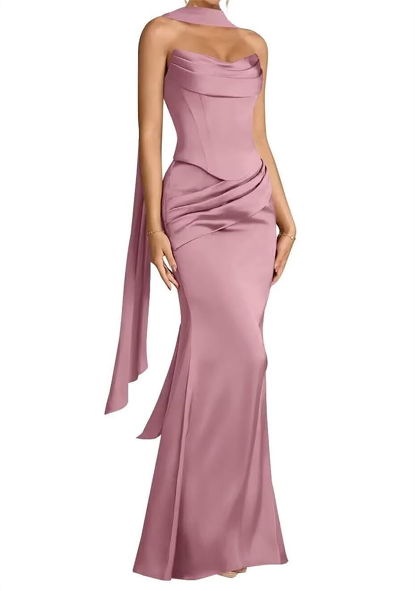 Sayno Women's Mauve Satin Bridesmaid Dress With Scarf Evening Prom Gown Pleats Cocktail Dresses Plus Size Hlsa405 Uk8