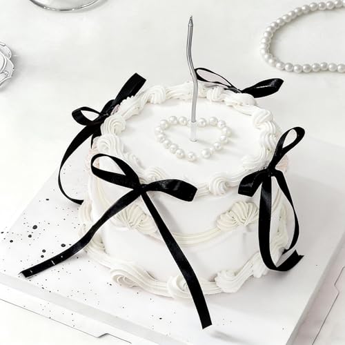 JarThenaAMCS 6 Inch White Fake Cake with Black Bows Round Artificial Cake Coquette Dessert Decor for Birthday Wedding Party Display Photo Props Supplies