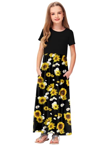 Image of Deerose Girls Maxi Dress Short Sleeve Casual Long Dresses with Pockets 5-14 Years