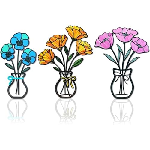 FaloStwer 3 Pieces Metal Vase Flowers Wall Arts Decor, Rustic Farmhouse Style Décor Metal Wall Decors Sculptures, Minimalist Flower Natural Themed Decorations for Home Bedroom Dining Room Housewarming Gifts(Colorful-D)