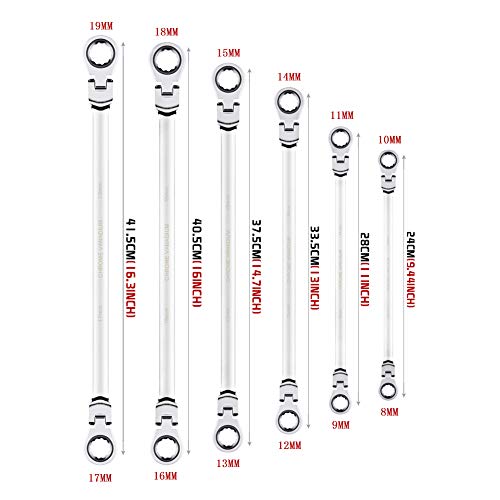 Image of BULLTOOLS 6-Piece Flex-Head Extra Long Ratcheting Wrenches Double Box End Chrome Vanadium Steel 72-Tooth Wrench Set with Metric 8mm - 19mm