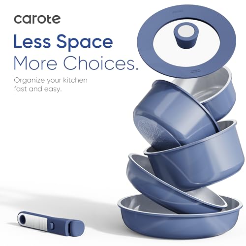CAROTE 25pcs Ceramic Cookware Set, Pots and Pans Set Non Stick, Induction Kitchen Cookware Sets, Non Stick RV Cookware Set with Detachable Handle, Dishwasher/Oven Safe Cookware Set, Navy - Image 6