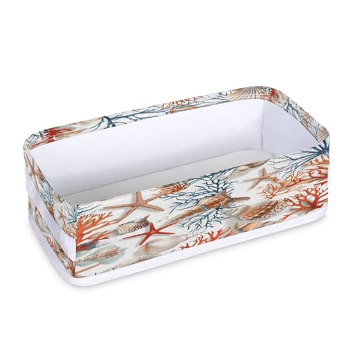 Tablerazzi Toilet Tank Topper Paper Basket with Handle, Spring Summer Seashell Bathroom Storage Basket for Organizing, Tropical Ocean Beach Small Fabric Storage Bins for Bathroom Decor