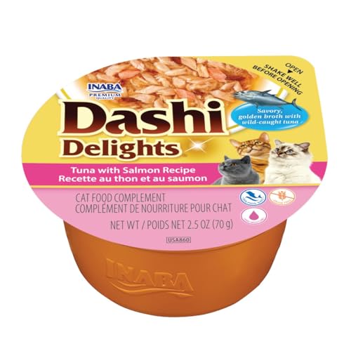 INABA Dashi Delights Gatos - Caldo Saludable con Copos de Atún y Salmón - Alto Contenido en Proteínas - Ingredientes Naturales - Sin Conservantes ni Colorantes - 70 g