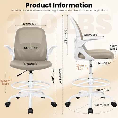 Image of Primy Drafting Chair Tall Office Chair with Flip-up Armrests Executive Ergonomic Computer Standing Desk Chair with Lumbar Support and Adjustable Footrest Ring(Khaki)