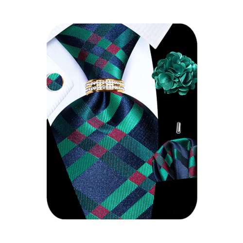 Image of 5PCS Mens Silk Tie, Pocket Square, Cufflinks, Drilled Tie Ring and Lapel Pin Set for Wedding Groom Party