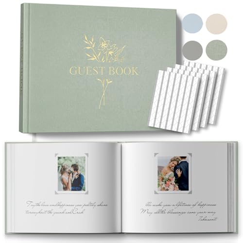 Wedding Guest Book for Memorial Service with 216 Photo Corners Stickers, Linen Guestbook to Sign at Bridal Shower or Wedding Reception Party,100 Pages, Blank Thick Paper Books for Baby Shower- Sage