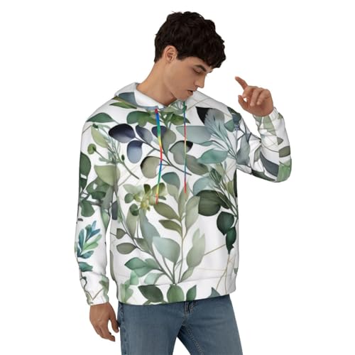 Mens Hoodie Pullover Casual Long Sleeve Drawstring Top Green Eucalyptus Leaves Print Hooded Sweatshirt With Pocket4