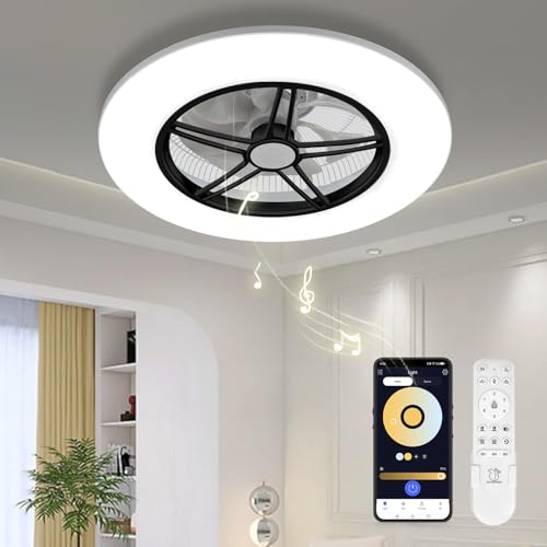Low Profile Ceiling Fan with Light, Enclosed Bladeless Ceiling Light, Bluetooth Speaker, 6 Speeds Reversible, Stepless Dimming, Smart Flush Mount Ceiling Fan for Bedroom, Kids Room and Living Room 22