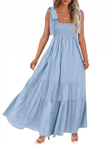 Image of CURBODO Women's Summer Maxi Dress Boho Spaghetti Straps Casual Long A-line Smocked Beach Dress Square Neck Flowy Sun Dress