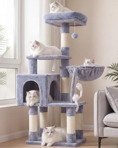 Image of Heybly Cat Tree with Toy, 43.3 inch Cat Tower for Indoor Cats HCT004SPE | Cat Condo with Durable Sisal Scratching Posts, Cat House with Padded Plush Perch, Cozy Hammock, Smoky Gray