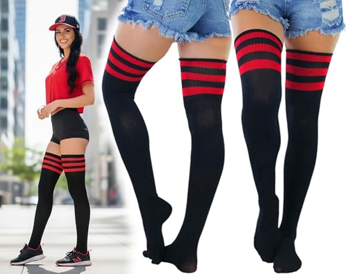 Image of ToBeInStyle Women's Heavyweight Knit Thigh High Long Socks w /Contrast 3 Stripe Top Band