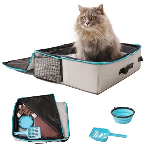 PETKARAY Portable Travel Litter Box with 2 Replacement Liners, Foldable Litter Carrier with Zipped Lid, Leak-Proof & Odor-Control Litter Box for Car Travel, Grey