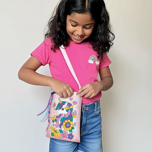 Image of Imagimake Fabric Art Unicorn | DIY Craft Kit for Girls Age 5+ | Fabric art kit: decorate 1 sling bag & 1 unicorn pouch with 5 acrylic markers, 40+ stones & ribbons; mess-free; girls 5+