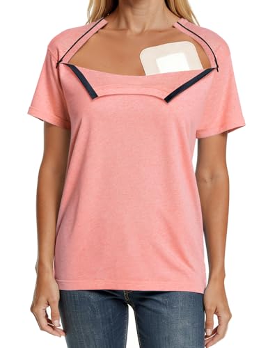 Chemo Port Shirts for Women Post Shoulder Surgery Recovery Shirts Tear Away Side Zippers Off (US Alpha Large Regular Regular Dark Pink)