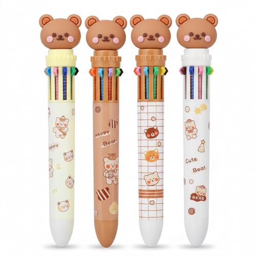 Hyleara 10-in-1 Mehrfarbiger Kugelschreiber 4 Stück Mehrfarben Kugelschreiber 0 5mm Multicolor Pen Cartoon-Bär Druckkugelschreiber Ballpoint Pen für Schüler Büro Kinder Krankenschwestern Geschenk