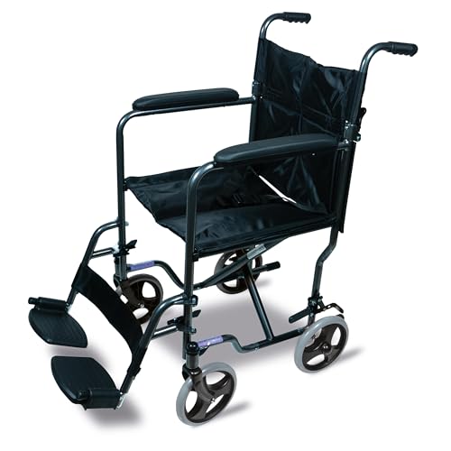 Steel Compact Transit Chair – Lightweight 12kg Travel Wheelchair with Foldable Backrest and Padded Armrests, Adjustable Swing-Away Footrests (Hammered)