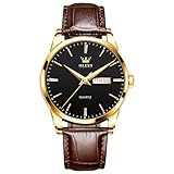 QBAIZI Mens Gold Watches Brown Leather Band Analog Dress Wristwatch for Men Black Face Luxury Male Watch with Day Date Easy to Read Vintage Men's Wrist Watches Waterproof Luminous Reloj para Hombre