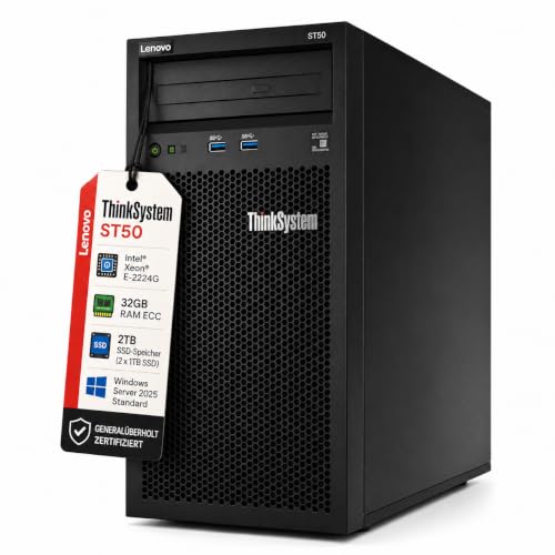 Lenovo ThinkSystem ST50 Server Intel Xeon E-2224G CPU, 32 GB ECC RAM, 2 x 1 TB SSD, Win Server 2025 Standard (GeneralĂĽberholt)