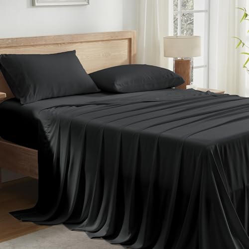 Image of Andency Black Queen Sheets Set 100% Viscose Derived from Bamboo | Cooling Summer Sheets, Deep Pocket Up to 16 inch, Silky Soft Hotel Luxury Breathable Bedding Sheets & Pillowcases