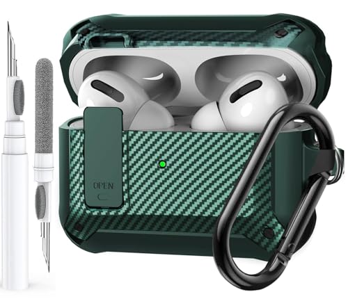 Image of Olytop Airpods Pro 3 Case with Lock Clip, Rugged Apple Airpods Pro 3rd Generation Cover 2025 Men Women, Armor Shockproof iPod Pro3 Gen Protective Hard Shell with Carabiner&Cleaner kit,CF Black /Green