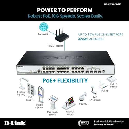 Image of D-Link 28-Port Gigabit Stackable Smart Managed PoE+ Switch with 10G Uplinks-24 PoE+ (370W) + 4 10GbE SFP+ Ports-L2+ /L3 Lite-VLANs Web Managed Surveillance Mode-Follows TAA /NDAA(DGS-1510-28XMP)