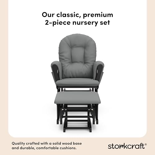 Image of Storkcraft Premium Hoop Glider & Ottoman (Black with Gray) - GREENGUARD Gold Certified, Solid Wood Craftsmanship, Convenient Storage Pockets, Smooth-Gliding Chair for Nursery, Multi-Award-Winning
