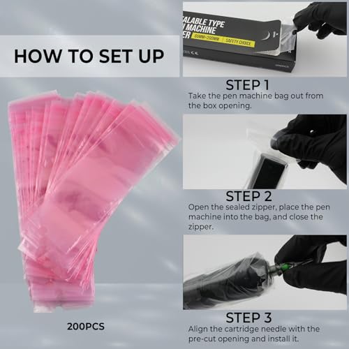 Sealable Tattoo Pen Covers Large, Gun Covers 2.5\'\'x 7.8\'\', 200pcs Tattoo Machine Covers, Tattoo Machine Wrap for Tattoo Artists - Pro Supplies Accessories Pink(2.5inchX7.8inch)