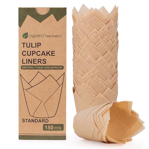 Caperci 150pcs Natural Tulip Cupcake Liners Unbleached European Parchment Paper